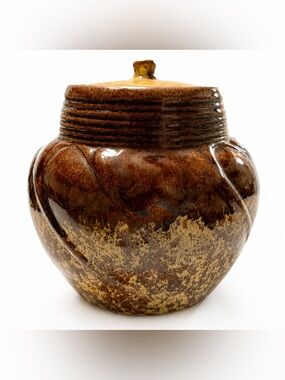 Gonder 8.5" Yellow & Brown Drip/Sponge P-24 U.S.A Swirl Round Cookie Jar Vintage